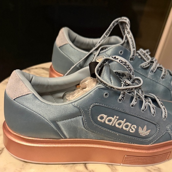 adidas Shoes - adidas Light Blue Satin Platform Sneakers with Rose Gold Sole